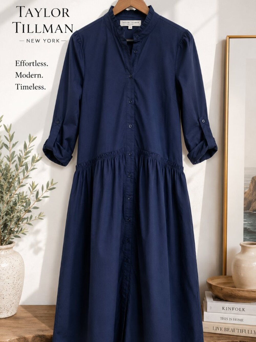 Taylor Tillman NY Navy Poplin Shirt Dress Drop Waist Button Front XS